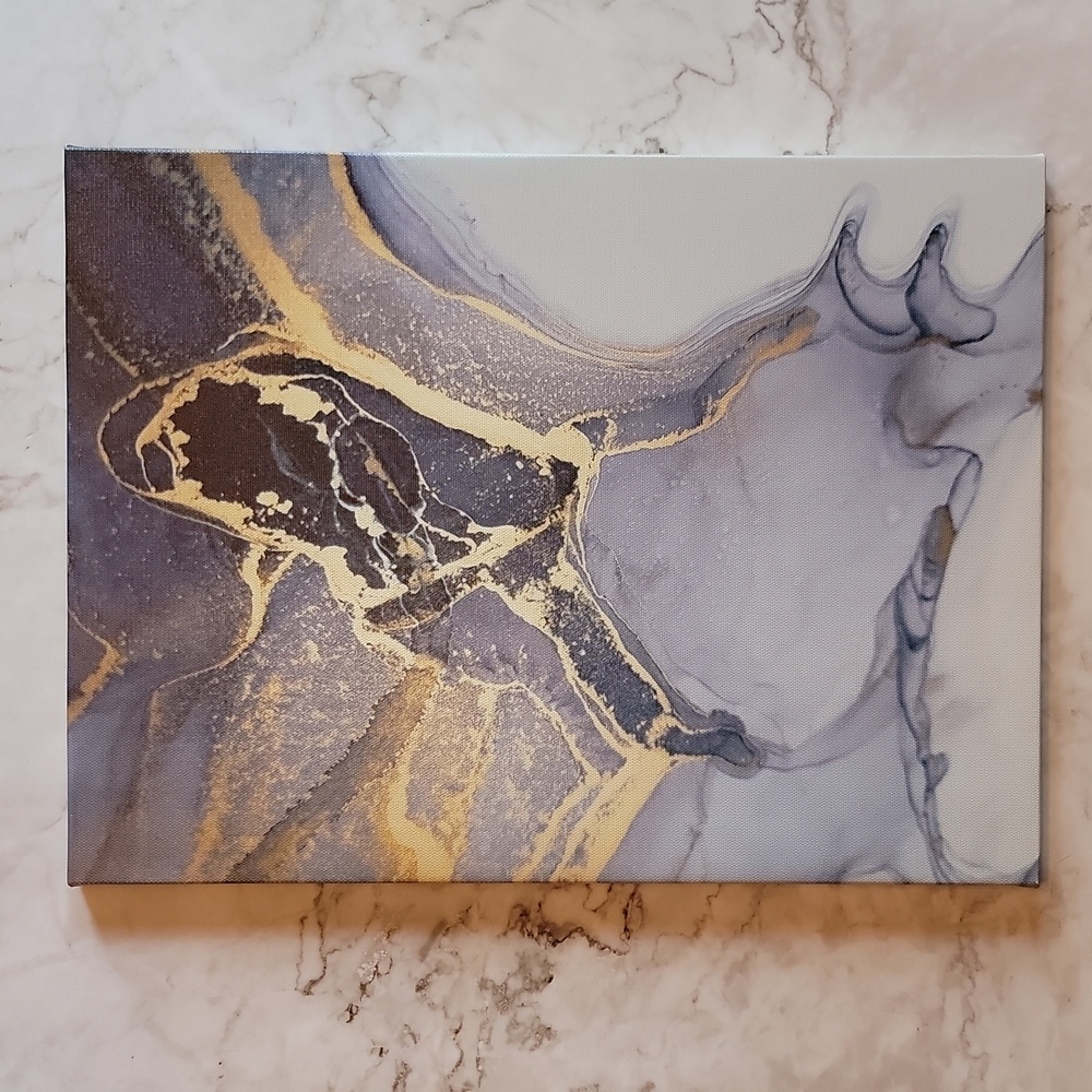 3 piece triptych wall art blue, white, and gold